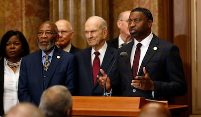 Derrick Johnson, president and CEO of the NAACP, speaks with President Russell M. Nelson of The Church of Jesus Christ of Latter-day Saints at left during a press conference in Salt Lake City on Thursday, May 17, 2018.