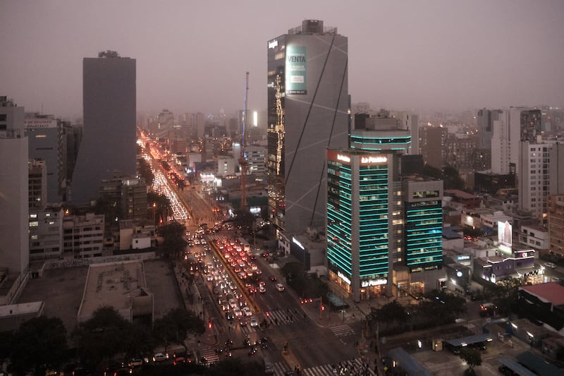 Skyscrapers at dusk in downtown Lima, Peru.