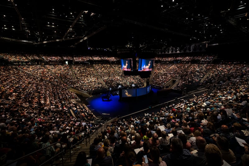 BYU Education Week goers fill the Marriott Center for a devotional offered by Elder Neil L. Andersen of the Quorum of the Twelve Apostles.