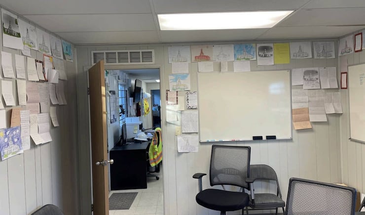 Drawings and colorings from children and thank-you notes from youth and adults are posted on the walls of the Haskell construction trailer on the grounds of the Helena Montana Temple during its construction from late 2021 through early 2023.