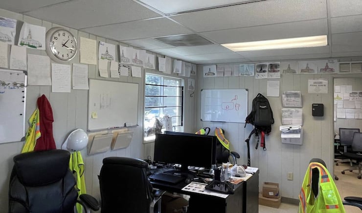 Drawings from children and thank-you notes from youth and adults are posted on the walls of the Haskell construction trailer on the grounds of the Helena Montana Temple during its construction from late 2021 through early 2023.