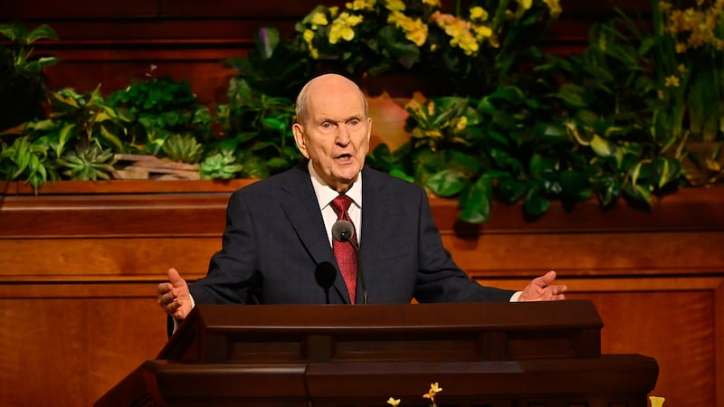 President Russell M. Nelson speaks during the Sunday morning session of April 2023 general conference about being a peacemaker