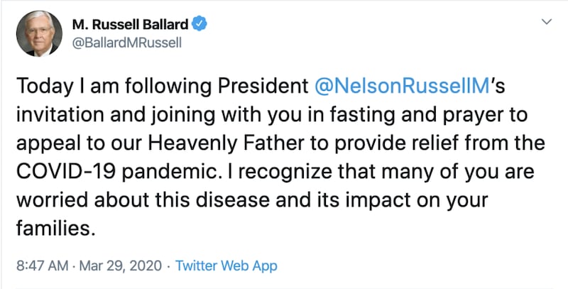 Tweet from President M. Russell Ballard.