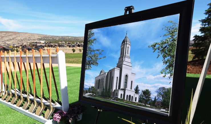 An artist’s rendering of the Heber Valley Utah Temple is shown at the site prior to the groundbreaking ceremony on Saturday, Oct. 8, 2022.