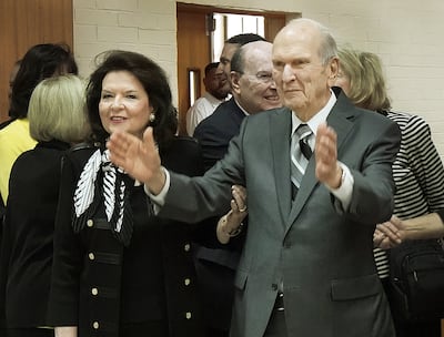 President Russell M. Nelson of The Church of Jesus Christ of Latter-day Saints and his wife Sister Wendy Nelson react to missionaries before a Brasilia Mission meeting in Brasilia, Brazil on Friday, Aug. 30, 2019.