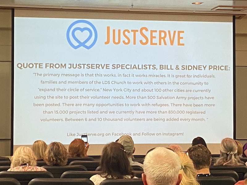 A presentation slide with the “JustServe” logo and a quote from JustServe specialists saying that the program works miracles.