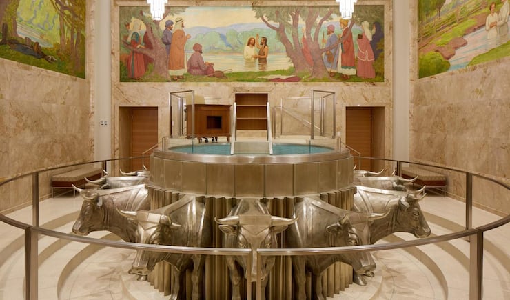 The baptistry of the rededicated Idaho Falls Idaho Temple.