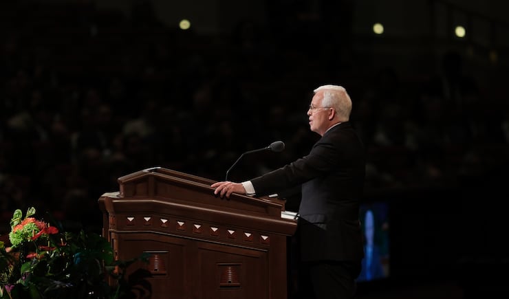 Elder Matthew L. Carpenter, General Authority Seventy, speaks during the Saturday evening session of the 194th Annual General Conference of The Church of Jesus Christ of Latter-day Saints on April 6, 2024.