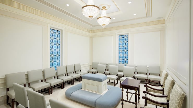 A sealing room inside the San Juan Puerto Rico Temple. In a sealing room, a bride and groom kneel together at an altar to be sealed for this life and for eternity. This ordinance is also sometimes referred to as “temple marriage” or “eternal marriage.”