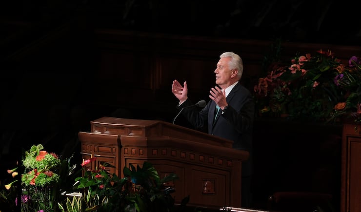 Elder Dieter F. Uchtdorf of the Quorum of the Twelve Apostles speaks during the Saturday evening session of the 194th Annual General Conference of The Church of Jesus Christ of Latter-day Saints on April 6, 2024.