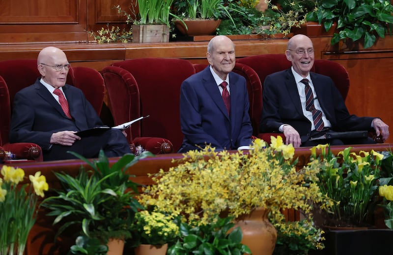 The First Presidency during Sunday morning session of April 2023 general conference