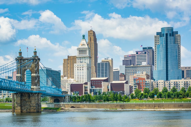 The Cincinnati skyline and Ohio River, seen from Covington, Kentucky, including several tall buildings and a bridge.