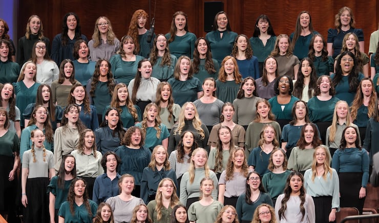The Utah Valley Institute Choir performs in the Conference Center in Salt Lake City during the Saturday evening session of the 194th Annual General Conference of The Church of Jesus Christ of Latter-day Saints on April 6, 2024.