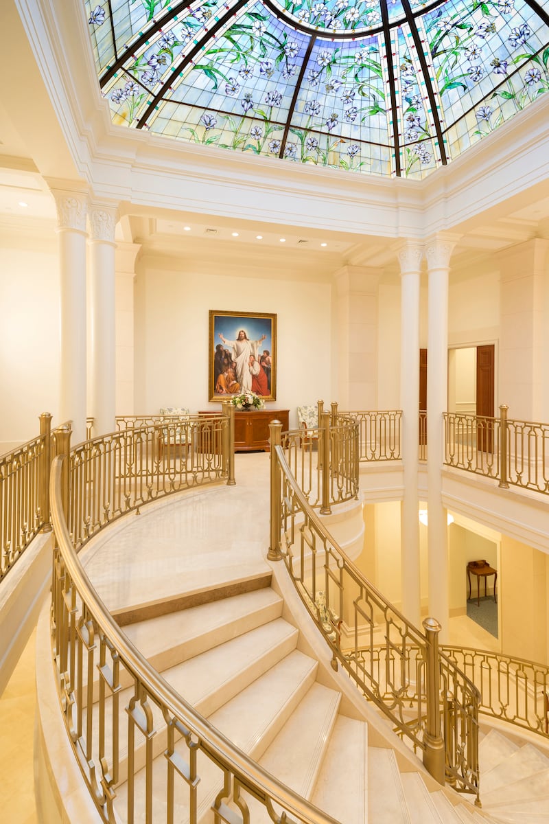 The grand staircase in the Paris France Temple.