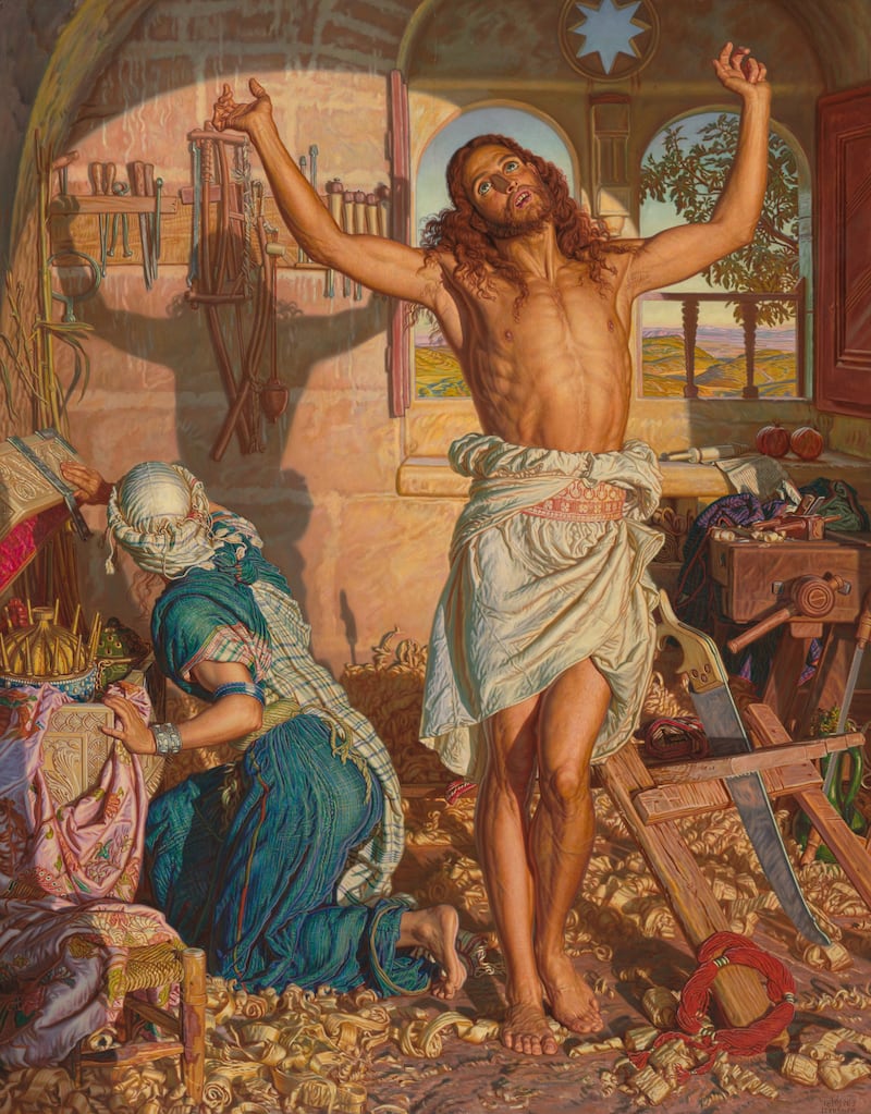 “The Shadow of Death” painting showing a young Jesus Christ before his ministry, stretching his arms after a day of woodworking.