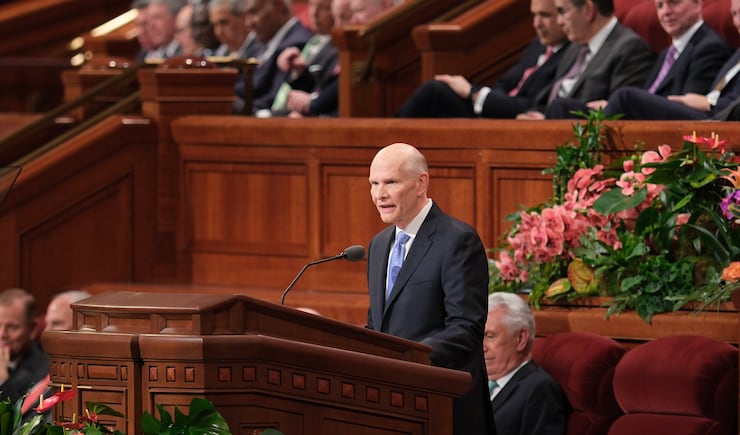 Elder Dale G. Renlund conducts the Saturday evening session of April 2024 general conference.