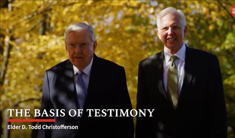 President M. Russell Ballard walks with Elder D. Todd Christofferson, right.