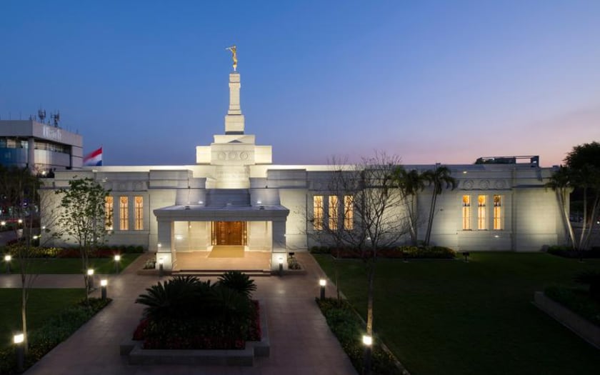 The Asuncion Paraguay Temple at night. 