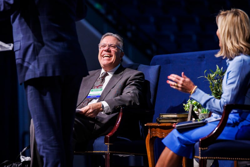 Tamara Runia and Bradley R. Wilcox, first counselors in the Young Men and Young Woman General Presidencies, teach on “Using Principles in the FSY Guide to Teach Lifelong Discipleship” during BYU Education Week in Provo, Utah, on Thursday, Aug. 22, 2024.