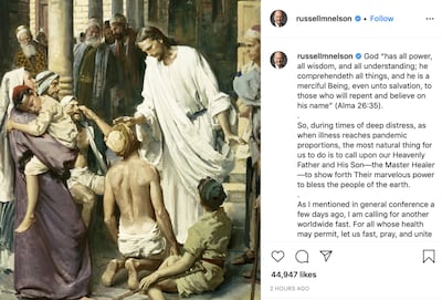 President Russell M. Nelson posted about the worldwide fast on his Instagram account on Wednesday, April 8, 2020.