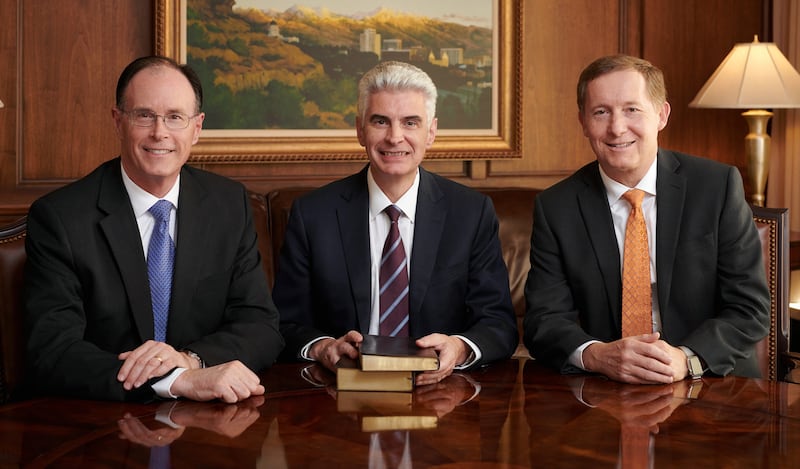 Bishop Caussé, Bishop Waddell and Bishop Budge of the Presiding Bishopric sit side by side in an office at the Church Office Building.