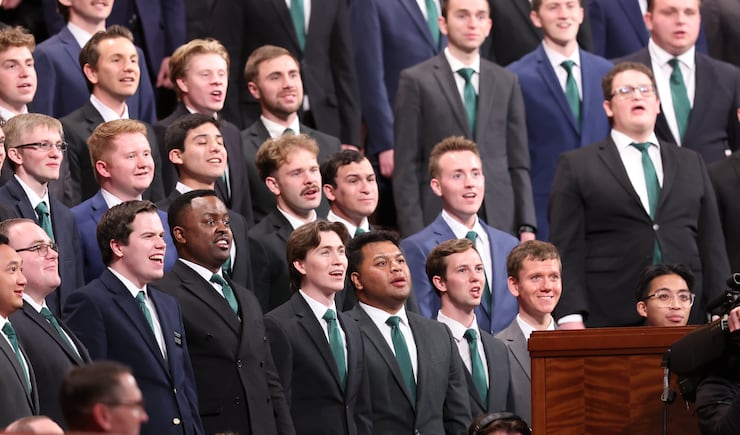 The Utah Valley Institute Choir performs in the Conference Center in Salt Lake City during the Saturday evening session of the 194th Annual General Conference of The Church of Jesus Christ of Latter-day Saints on April 6, 2024.