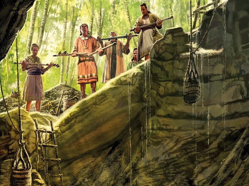 An illustration of the Anti-Nephi-Lehies burying their weapons, by Dan Burr.