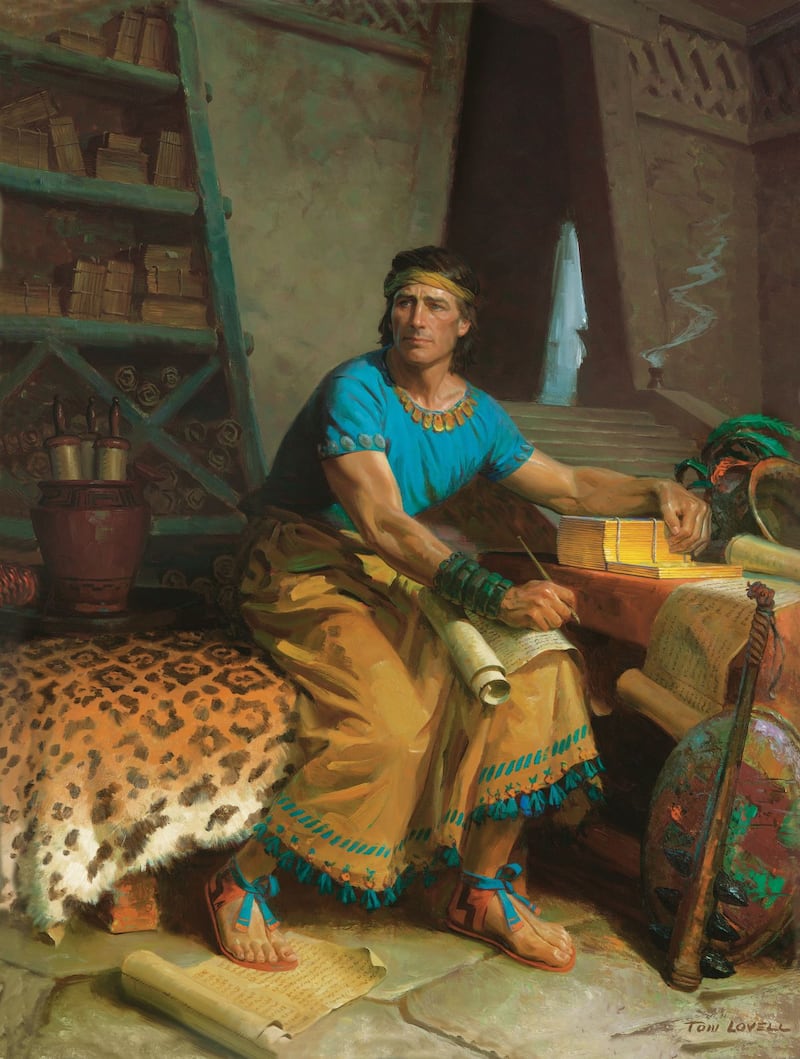 A painting of Mormon sitting in bed and writing in the gold plates.