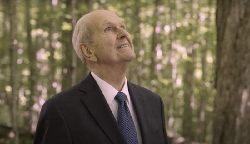 President Russell M. Nelson stands in the Sacred Grove in Palmyra, New York and looks up while filming the video announcing the new bicentennial proclamation of the Church.