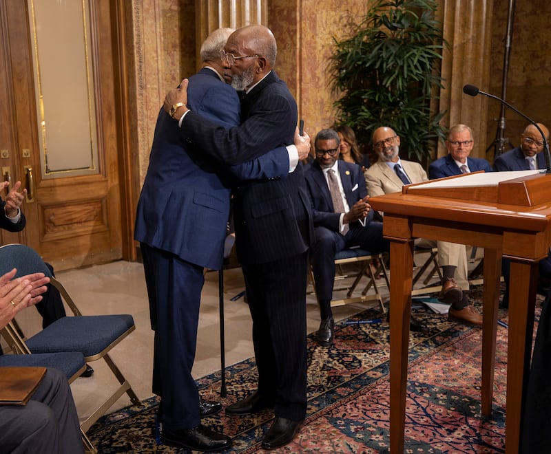 President Russell M. Nelson of The Church of Jesus Christ of Latter-day Saints and the Rev. Amos C. Brown, representing the NAACP, embrace at the announcement of a new partnership between the two organizations during a press conference at the Church Administration Building in Salt Lake City on Monday, June 14, 2021.