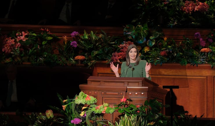 Sister Andrea M. Spannaus, second counselor in the Young Women general presidency, speaks during the Saturday evening session of the 194th Annual General Conference of The Church of Jesus Christ of Latter-day Saints on April 6, 2024.