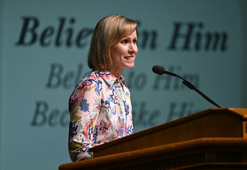 Sister Amy A. Wright speaks during 2024 BYU Education Week at the Marriott Center.