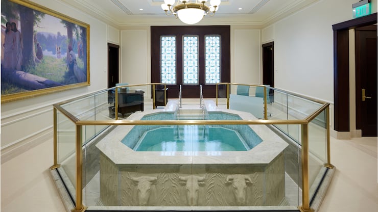The baptistry inside the San Juan Puerto Rico Temple. In the temple, baptisms and other essential ordinances are performed by the living on behalf of those who have died without the opportunity. Such ordinances extend the saving grace of Jesus Christ to all people.