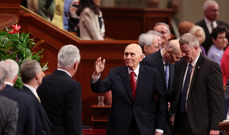 President Dallin H. Oaks, first counselor in the First Presidency, waves to general leaders of the Church before the Saturday evening session of the 194th Annual General Conference of The Church of Jesus Christ of Latter-day Saints held n the Conference Center in Salt Lake City on April 6, 2024.
