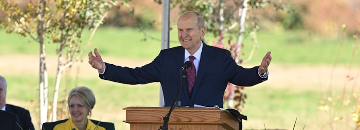 President Russell M. Nelson gestures while speaking at the Heber Valley temple groundbreaking in Heber City, Utah, on Saturday, Oct. 8, 2022.