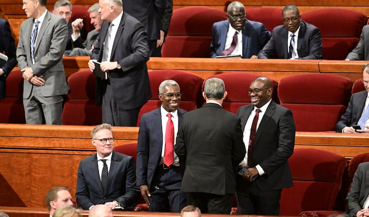 Recently called General Authority Seventies speak together before the Saturday evening session of the 194th Annual General Conference of The Church of Jesus Christ of Latter-day Saints on April 6, 2024.