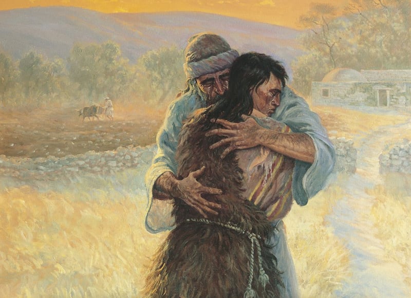 A painting with two men hugging, a parable from the New Testament about the prodigal son returning home.