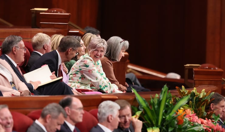 Young Women General President Emily Belle Freeman smiles before the Saturday evening session of the 194th Annual General Conference of The Church of Jesus Christ of Latter-day Saints on April 6, 2024.