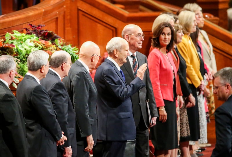 President Russell M. Nelson, center, waves to the crowd as he enters the Conference Center before the women’s session of the 189th Semiannual General Conference of The Church of Jesus Christ of Latter-day Saints at the Conference Center in Salt Lake City on Saturday, Oct. 5, 2019.
