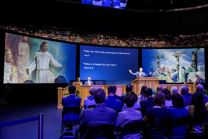 Elder Neil L. Andersen of the Quorum of the Twelve Apostles offers the keynote address during BYU Education Week, in the Marriott Center on BYU campus in Provo, Utah, on Tuesday, Aug. 20, 2024.