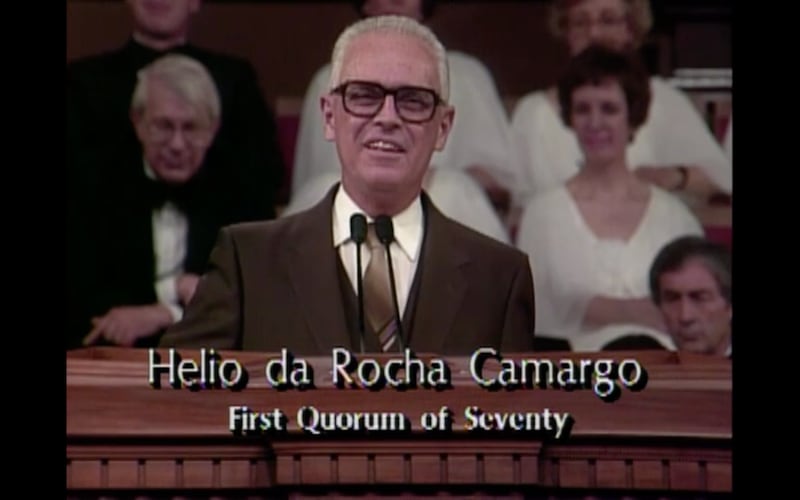 Elder Hélio da Rocha Camargo, General Authority Seventy, speaks during the April 1985 general conference of The Church of Jesus Christ of Latter-day Saints held in the Salt Lake Tabernacle.