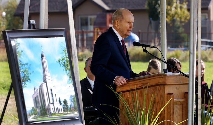President Russell M. Nelson speaks prior to giving the dedicatory prayer at the groundbreaking ceremony for the Heber Valley Utah Temple on Saturday, Oct. 8, 2022.