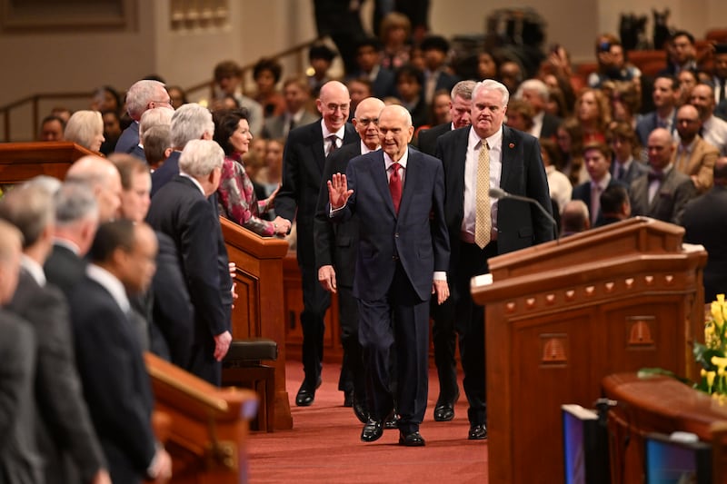 President Russell M. Nelson enters the Conference Center in Salt Lake City before the Sunday morning session of April 2023 general conference